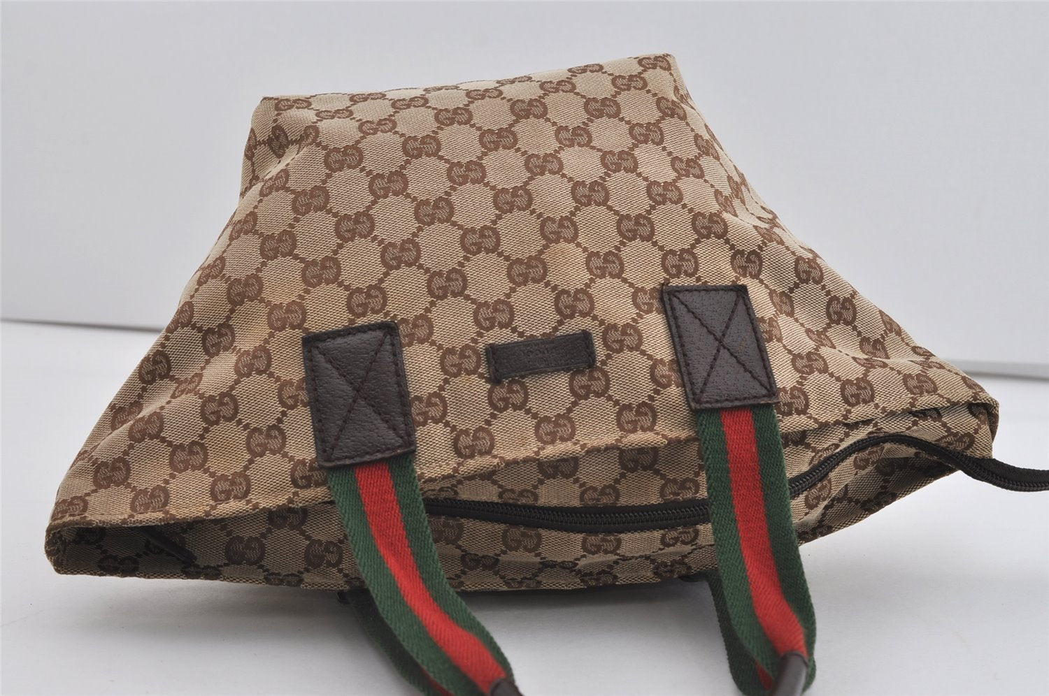 Authentic GUCCI Web Sherry Line Tote Bag GG Canvas Leather 131228 Brown 3521I