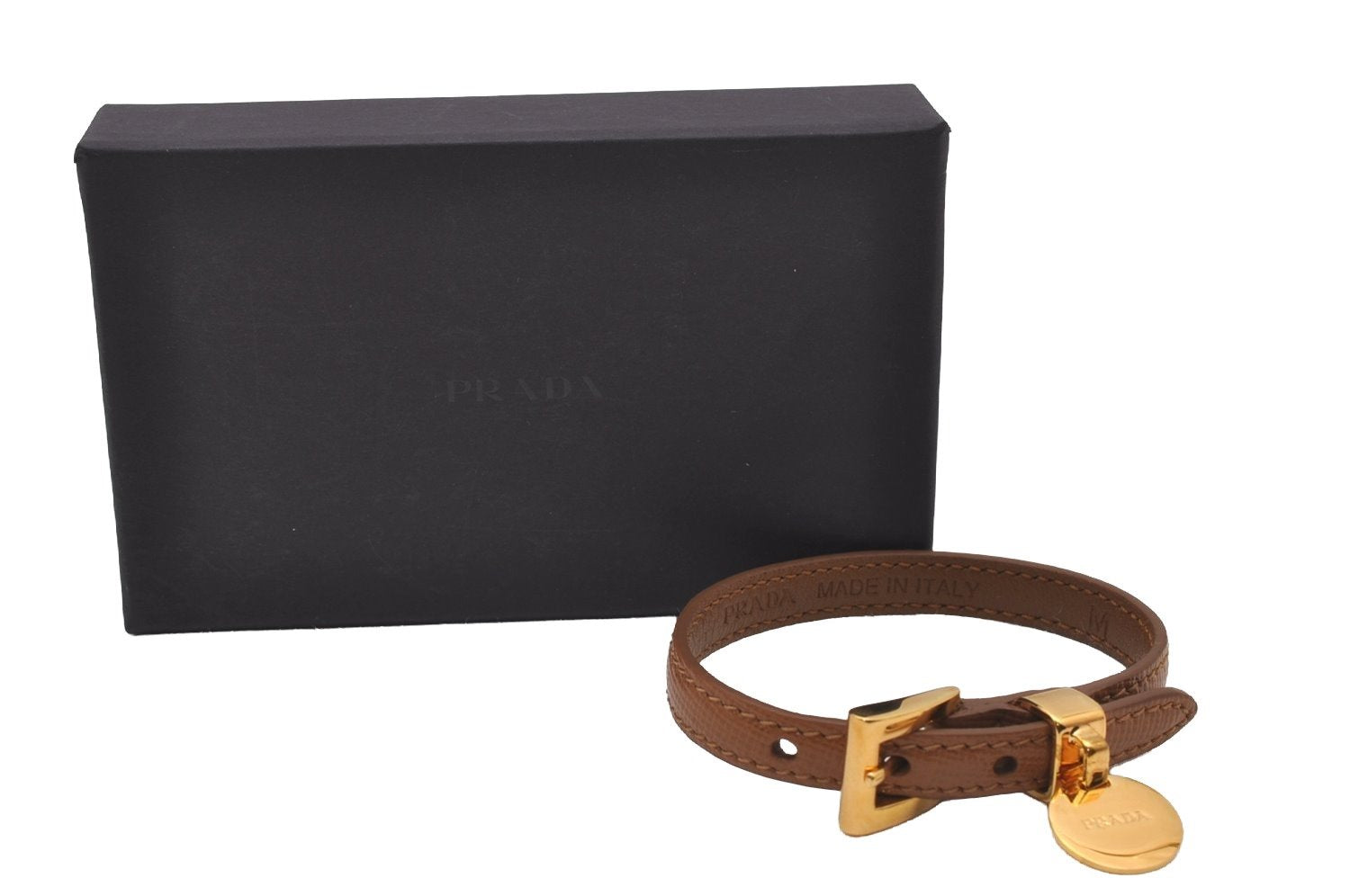 Authentic PRADA Vintage Saffiano Leather Bracelet Size M Brown Box 3536I