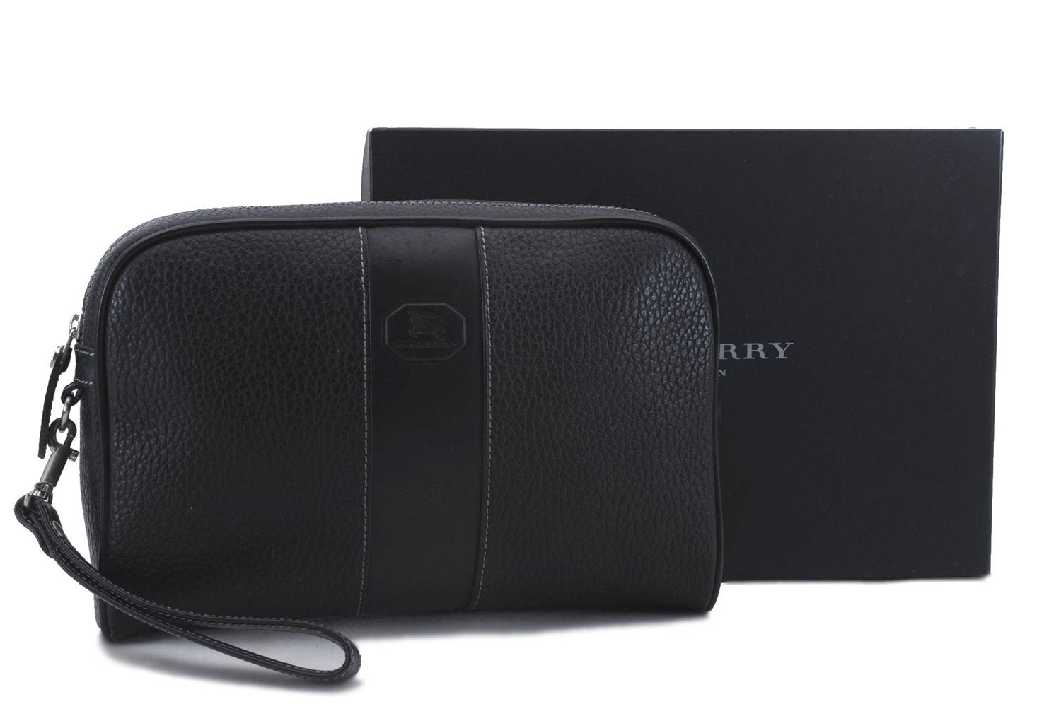 Authentic BURBERRY Vintage Leather Clutch Hand Bag Purse Black Box 3537D