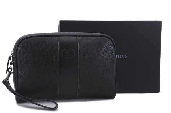 Authentic BURBERRY Vintage Leather Clutch Hand Bag Purse Black Box 3537D