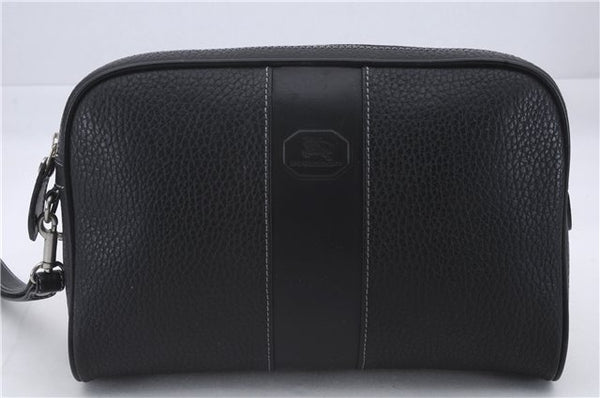 Authentic BURBERRY Vintage Leather Clutch Hand Bag Purse Black Box 3537D