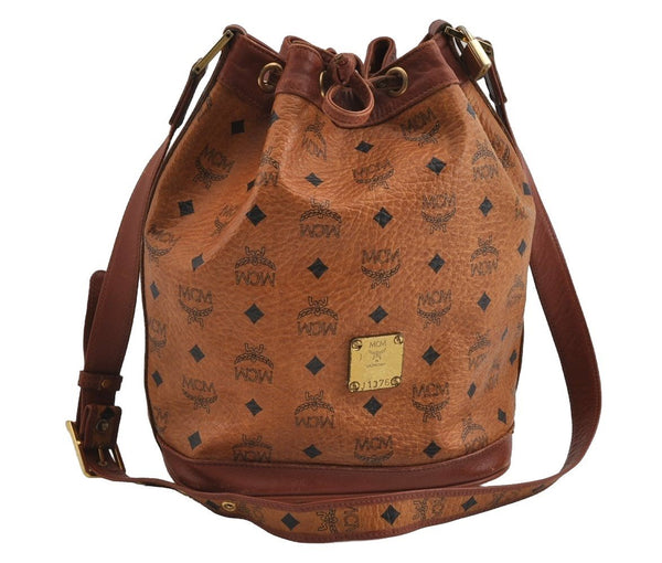 Authentic MCM Visetos Leather Drawstring Shoulder Cross Body Bag Brown 3558I