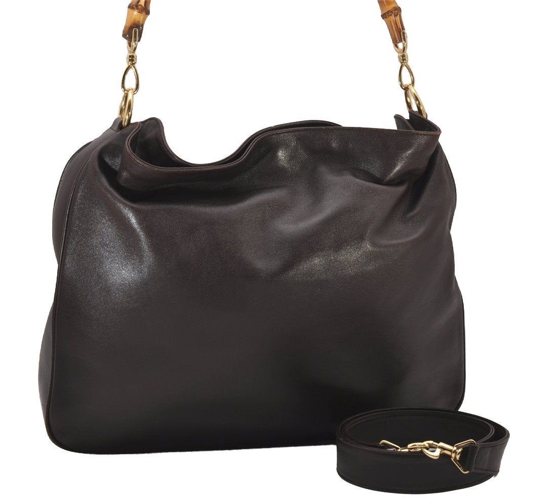 Authentic GUCCI Vintage Bamboo 2Way Shoulder Tote Bag Leather Brown 3561I