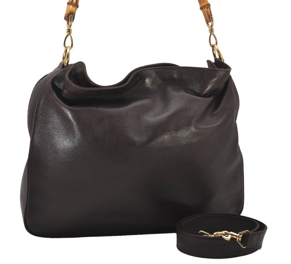 Authentic GUCCI Vintage Bamboo 2Way Shoulder Tote Bag Leather Brown 3561I