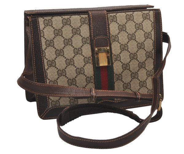 Authentic GUCCI Web Sherry Line Shoulder Cross Bag GG PVC Leather Brown 3563I