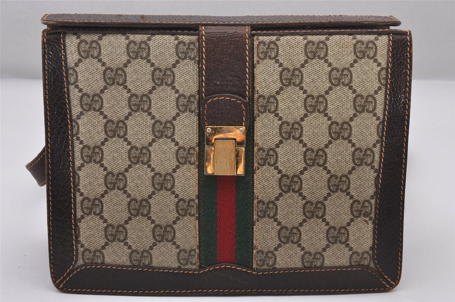 Authentic GUCCI Web Sherry Line Shoulder Cross Bag GG PVC Leather Brown 3563I