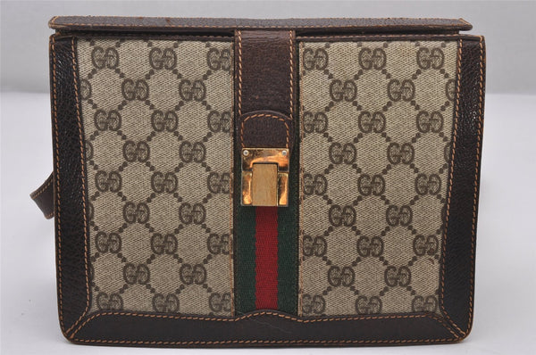 Authentic GUCCI Web Sherry Line Shoulder Cross Bag GG PVC Leather Brown 3563I