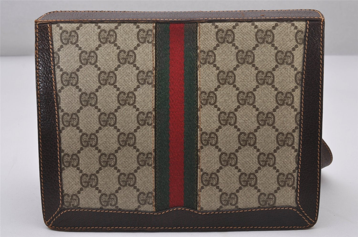 Authentic GUCCI Web Sherry Line Shoulder Cross Bag GG PVC Leather Brown 3563I