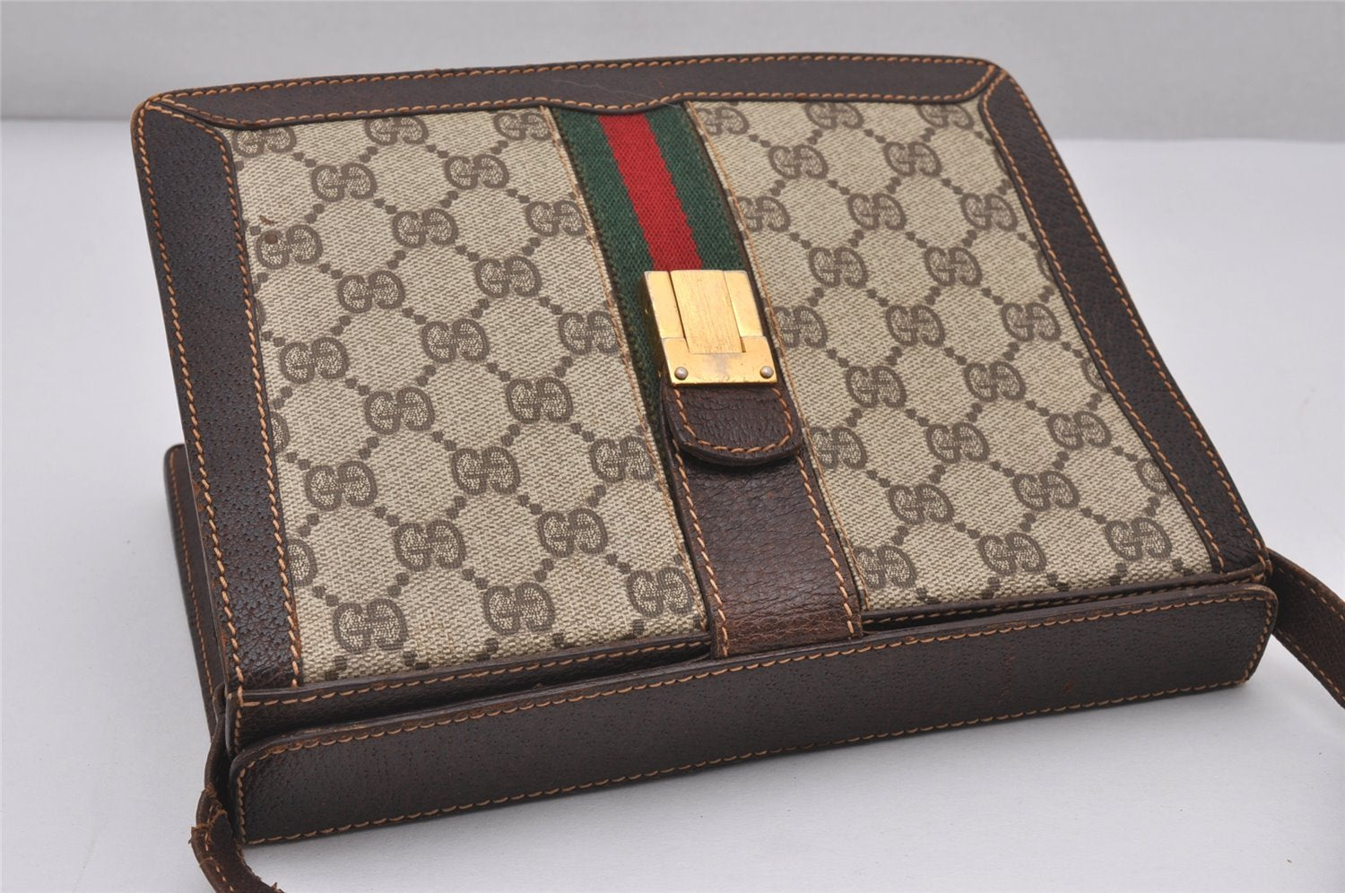 Authentic GUCCI Web Sherry Line Shoulder Cross Bag GG PVC Leather Brown 3563I