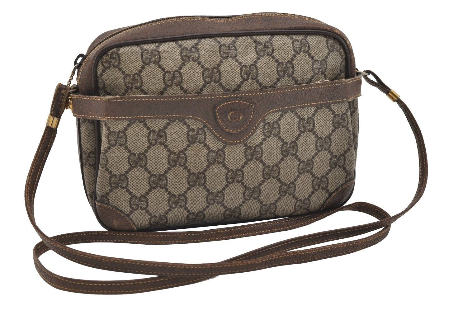 Authentic GUCCI Vintage Shoulder Cross Body Bag GG PVC Leather Purse Brown 3564I