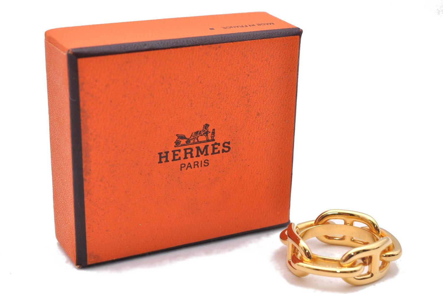 Authentic HERMES Scarf Ring Regate Chaine dAncre Gold Box 3570D
