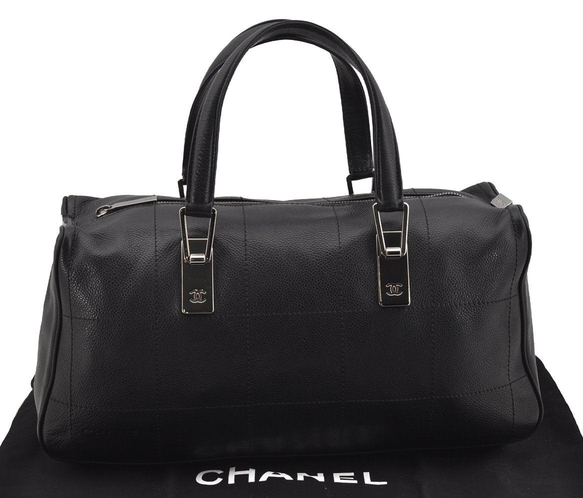 Authentic CHANEL Caviar Skin Chocolate Bar Hand Tote Bag Black 3577I