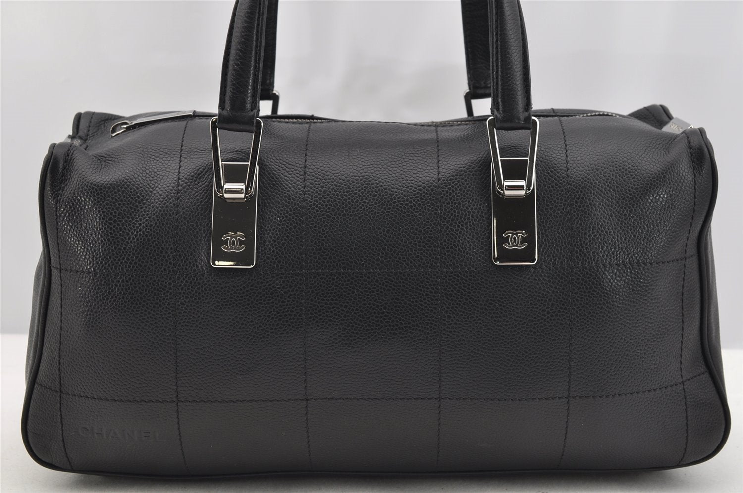Authentic CHANEL Caviar Skin Chocolate Bar Hand Tote Bag Black 3577I