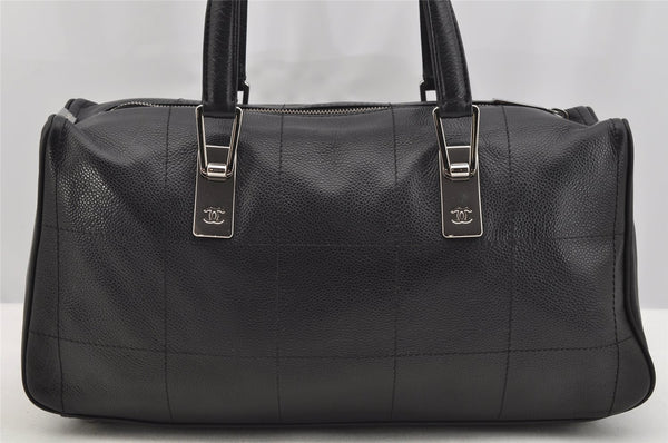 Authentic CHANEL Caviar Skin Chocolate Bar Hand Tote Bag Black 3577I