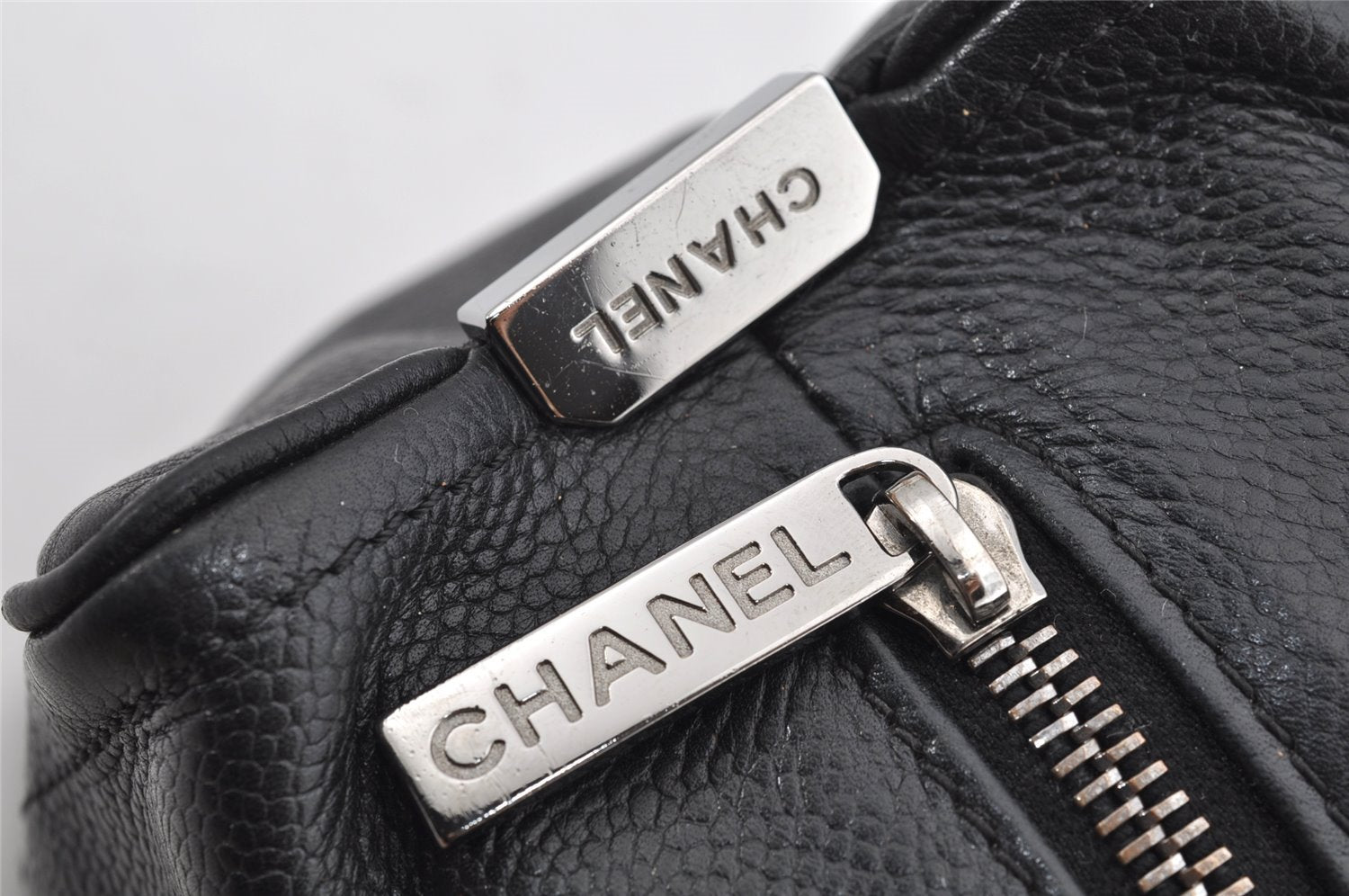 Authentic CHANEL Caviar Skin Chocolate Bar Hand Tote Bag Black 3577I