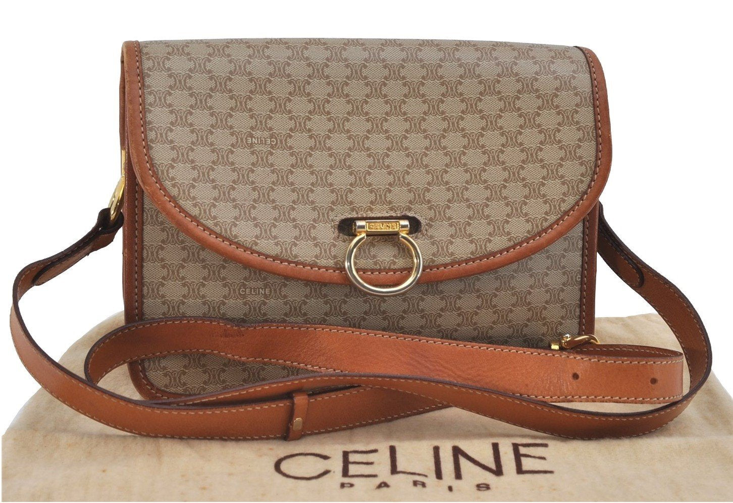 Authentic CELINE Macadam Blason Shoulder Cross Body Bag PVC Leather Beige 3584I