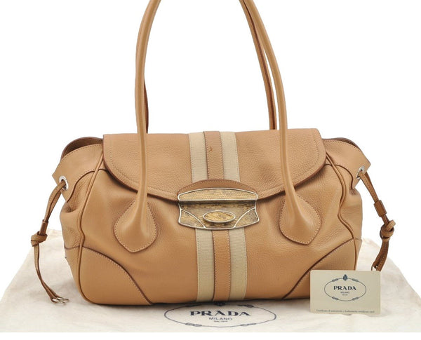 Authentic PRADA Vit Daino Lucer Leather Shoulder Tote Bag BR2937 Beige 3589I