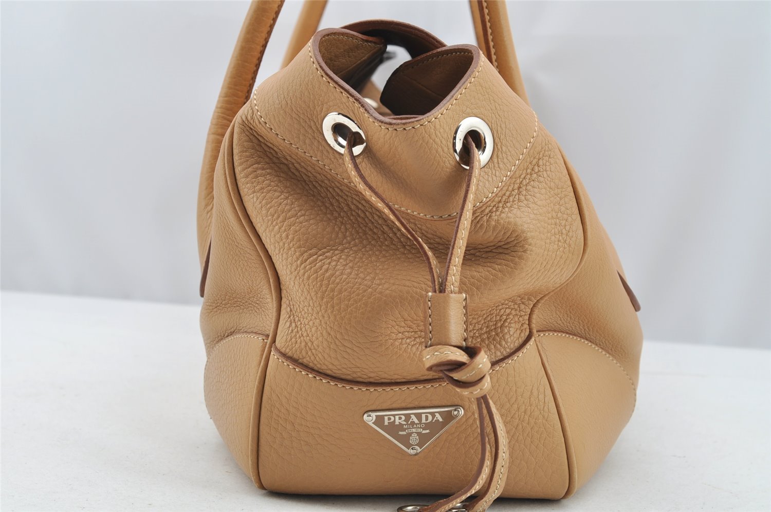 Authentic PRADA Vit Daino Lucer Leather Shoulder Tote Bag BR2937 Beige 3589I