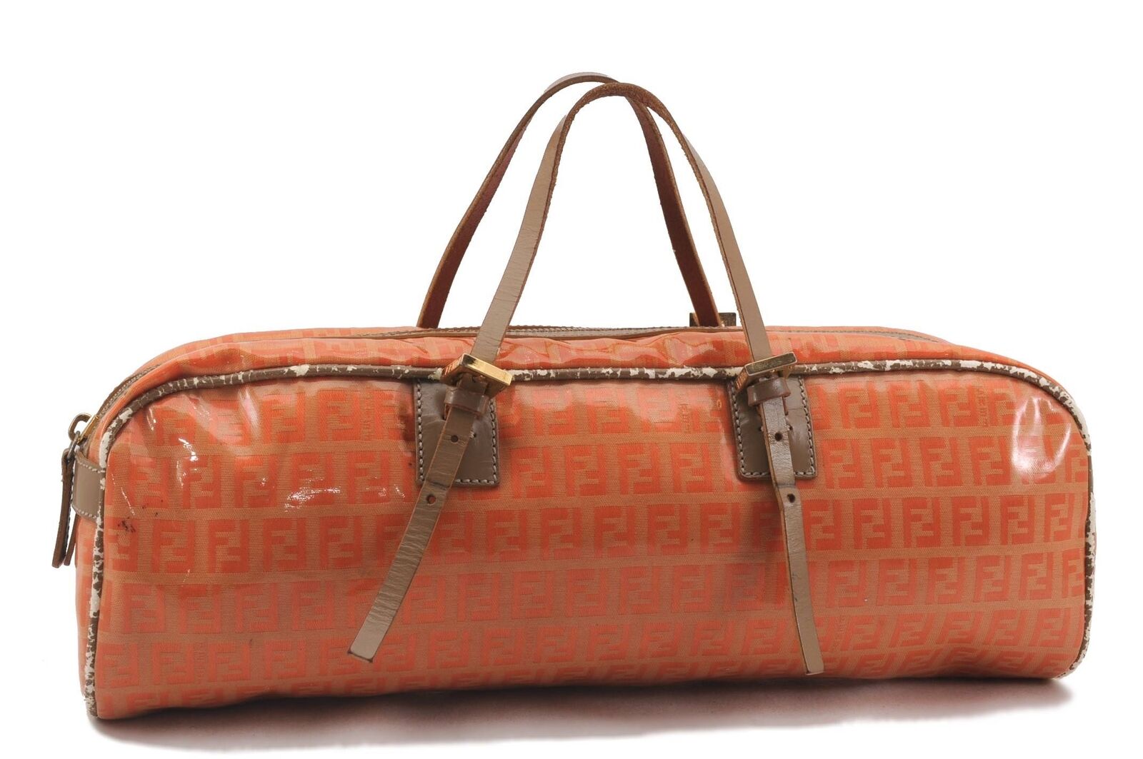 Authentic FENDI Zucchino Shoulder Hand Bag PVC Leather Orange Beige 3592B