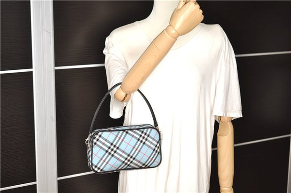 Authentic BURBERRY BLUE LABEL Check Hand Bag Nylon Leather Light Blue 3607F