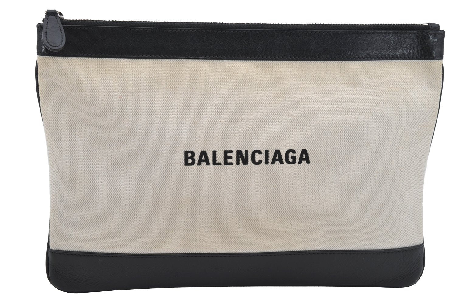 Authentic BALENCIAGA Navy Clip M Clutch Bag Canvas Leather 420407 White 3618I