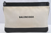 Authentic BALENCIAGA Navy Clip M Clutch Bag Canvas Leather 420407 White 3618I