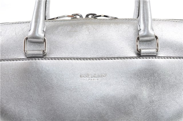 Authentic SAINT LAURENT Baby Duffle 2Way Shoulder Hand Bag Leather Silver 3632C