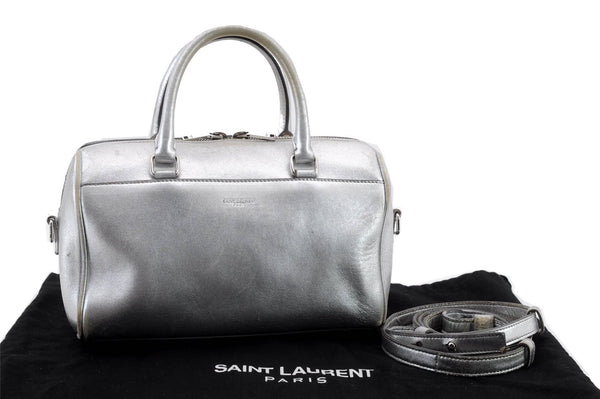 Authentic SAINT LAURENT Baby Duffle 2Way Shoulder Hand Bag Leather Silver 3632C