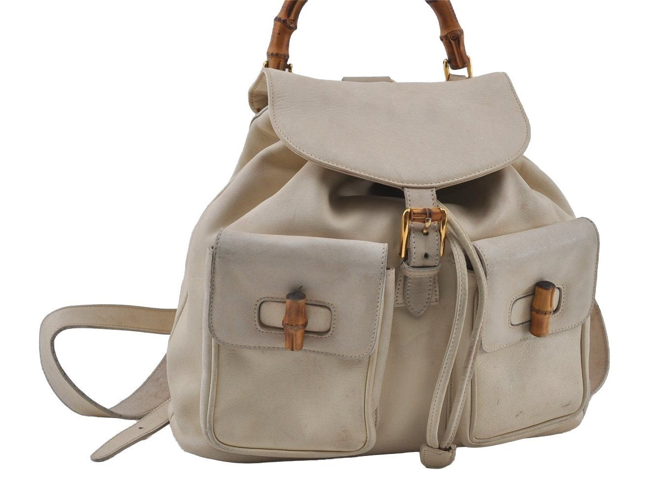 Authentic GUCCI Bamboo Drawstring Backpack Leather White 3647I
