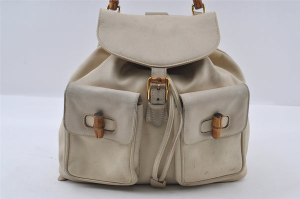 Authentic GUCCI Bamboo Drawstring Backpack Leather White 3647I