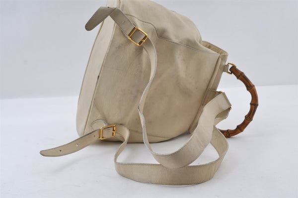Authentic GUCCI Bamboo Drawstring Backpack Leather White 3647I