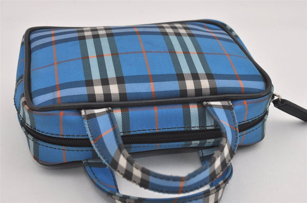 Authentic BURBERRY Vintage Check Hand Bag Pouch Purse Nylon Leather Blue 3649I