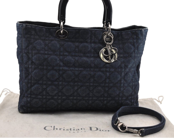 Authentic Christian Dior Lady Dior Cannage Denim 2Way Hand Bag Blue 3659I