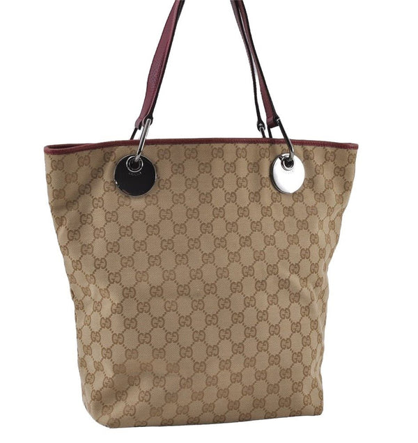 Authentic GUCCI Eclipse Shoulder Tote Bag GG Canvas Leather 120840 Beige 3666I