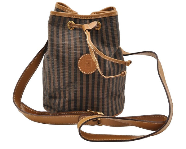 Authentic FENDI Pequin Drawstring Shoulder Bag PVC Leather Brown Junk 3682I