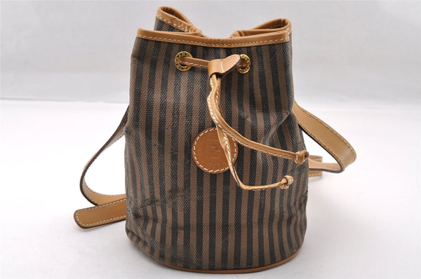 Authentic FENDI Pequin Drawstring Shoulder Bag PVC Leather Brown Junk 3682I