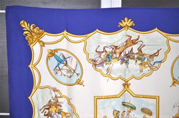 Authentic HERMES Carre 90 Scarf "LES CHEVAUX DES MOGHOLS" Silk Blue 3689I