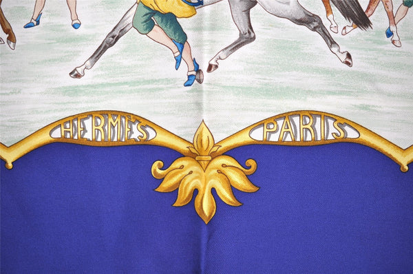 Authentic HERMES Carre 90 Scarf "LES CHEVAUX DES MOGHOLS" Silk Blue 3689I