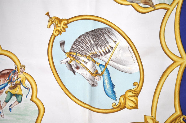 Authentic HERMES Carre 90 Scarf "LES CHEVAUX DES MOGHOLS" Silk Blue 3689I