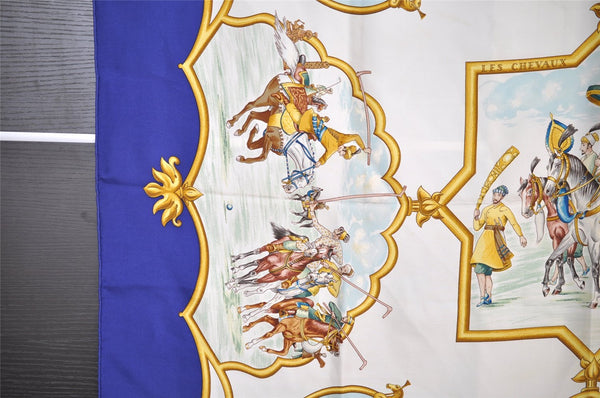 Authentic HERMES Carre 90 Scarf "LES CHEVAUX DES MOGHOLS" Silk Blue 3689I