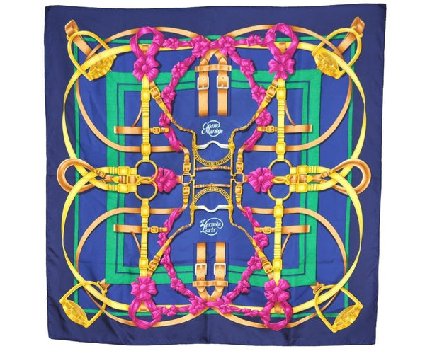 Authentic HERMES Carre 90 Scarf "Grand Manege" Silk Navy 3690I