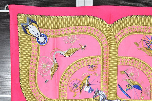 Authentic HERMES Carre 90 Scarf "VOITURES PANIERS" Silk Pink 3691F