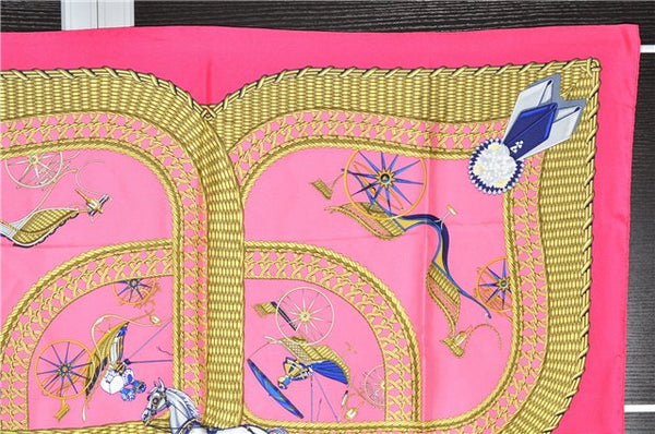 Authentic HERMES Carre 90 Scarf "VOITURES PANIERS" Silk Pink 3691F