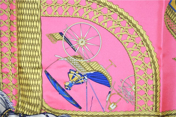 Authentic HERMES Carre 90 Scarf "VOITURES PANIERS" Silk Pink 3691F