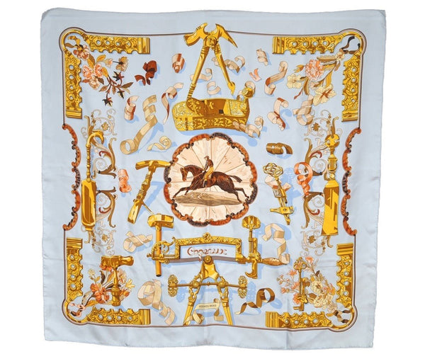 Authentic HERMES Carre 90 Scarf "Copeaux" Silk Light Blue Box 3692I