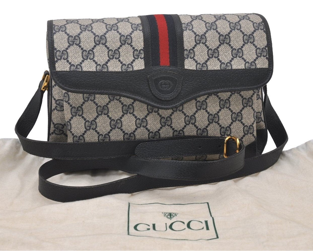 Authentic GUCCI Sherry Line Shoulder Cross Bag GG PVC Leather Navy Blue 3694I