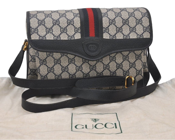 Authentic GUCCI Sherry Line Shoulder Cross Bag GG PVC Leather Navy Blue 3694I