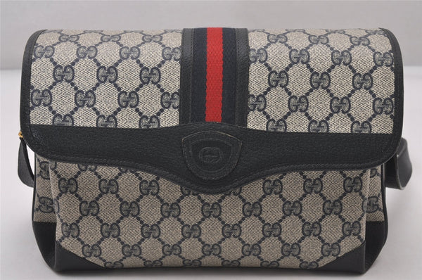 Authentic GUCCI Sherry Line Shoulder Cross Bag GG PVC Leather Navy Blue 3694I