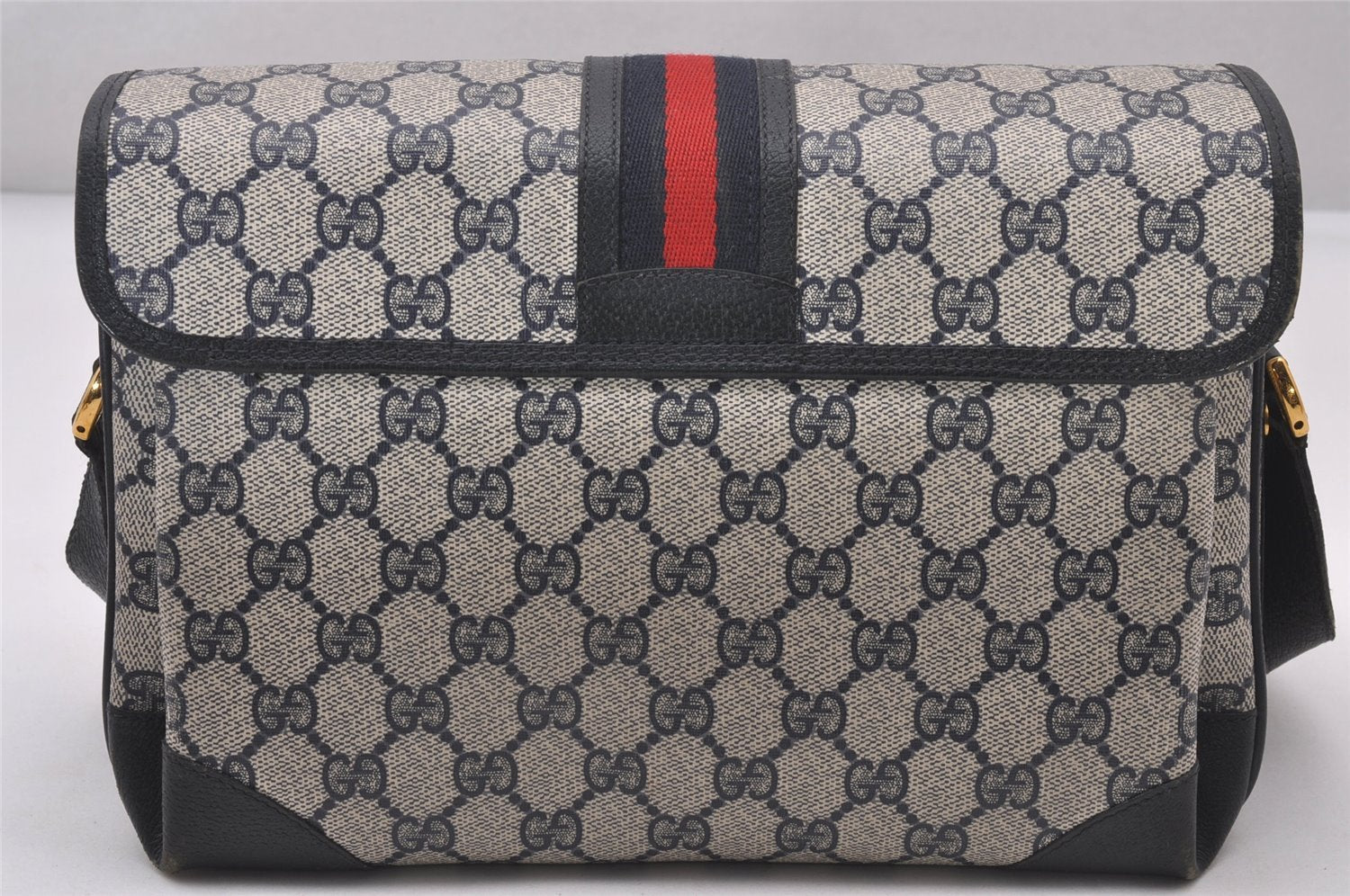 Authentic GUCCI Sherry Line Shoulder Cross Bag GG PVC Leather Navy Blue 3694I