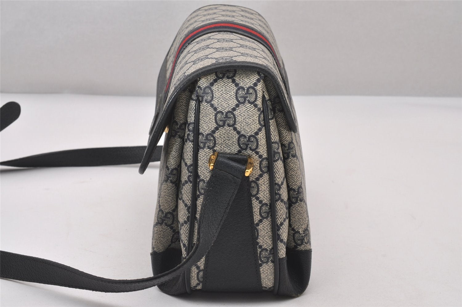 Authentic GUCCI Sherry Line Shoulder Cross Bag GG PVC Leather Navy Blue 3694I